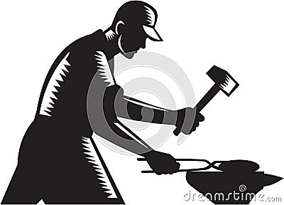 Blacksmith Worker Forging Iron Black and White Woodcut Vector Illustration