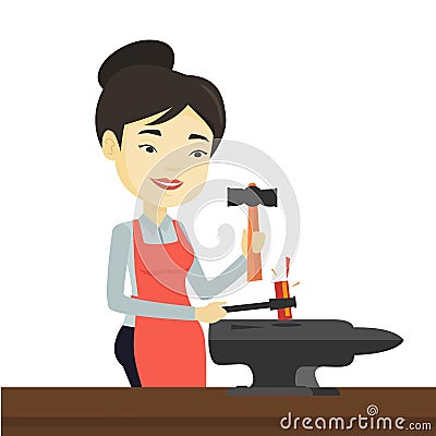 Blacksmith working metal with hammer on the anvil. Vector Illustration