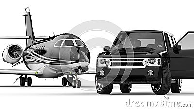 BlackSUV limousine with private jet Stock Photo