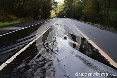 blacktop road, with water running down the surface in sheets Stock Photo