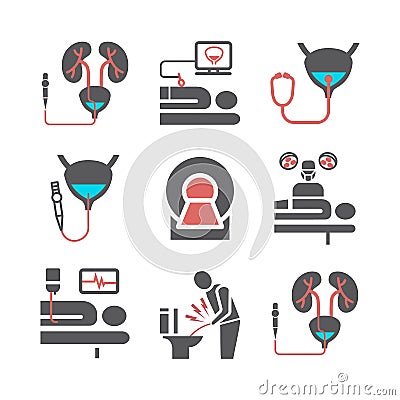 Bladder Cancer icons set. Symptoms, Causes, Treatment. Vector signs for web graphics. Vector Illustration