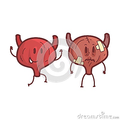 Bladder Human Internal Organ Healthy Vs Unhealthy, Medical Anatomic Funny Cartoon Character Pair In Comparison Happy Vector Illustration