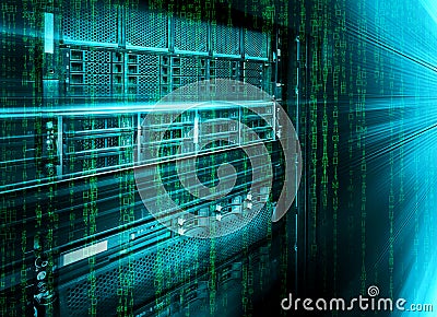 Blade storage supercomputer of data center with binary code matrix Stock Photo