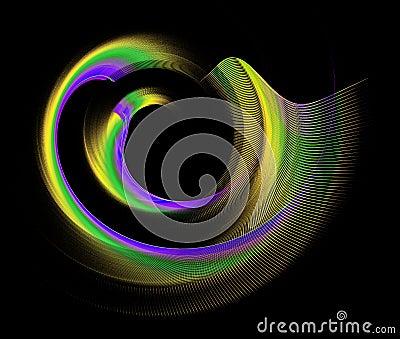 The blades of an abstract propeller are wavy and arcuate, with yellow, green and blue stripes, rotating against a black background Cartoon Illustration