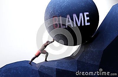 Blame as a problem that makes life harder - symbolized by a person pushing weight with word Blame to show that Blame can be a Cartoon Illustration