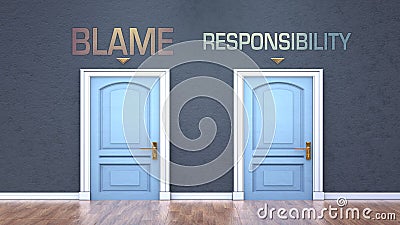 Blame and responsibility as a choice - pictured as words Blame, responsibility on doors to show that Blame and responsibility are Cartoon Illustration