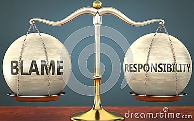 Blame and responsibility staying in balance - pictured as a metal scale with weights and labels blame and responsibility to Cartoon Illustration