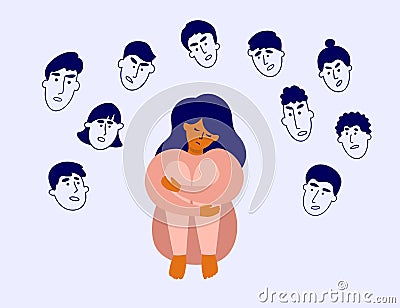 Blaming, shaming vector illustration with sad woman surrounded by human heads with angry faces Vector Illustration