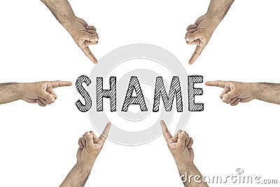 Blaming you. Online or Public Shaming concept. hands pointing to text: shame. Stock Photo