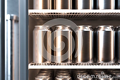 Blank Aluminum Beer or Soda Can With Droplets On Shelves In Refrigerator With Glass Door, 3d rendering. Minimalism Stock Photo