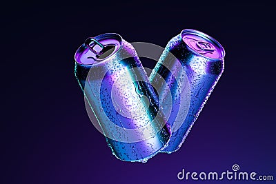 Blank Aluminum Cans With Cold Water Droplets Isolated on Dark Blue Background, 3d rendering. Empty Space. Copy Space Stock Photo