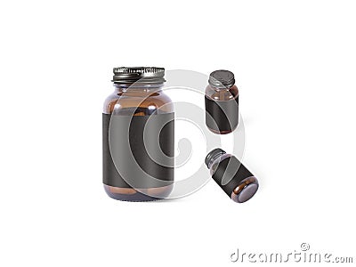 Blank amber glass pill can black label mockup, different views Stock Photo