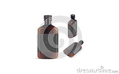 Blank amber plastic bottle with black label mockup, different sides Stock Photo