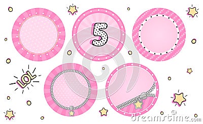 Set of cute vector LOL surprise cupcake toppers. Pink party stickers. Vector Illustration