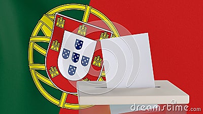 Blank ballot with space for text or logo is dropped into the ballot box against the backdrop of the flag of Portugal. E Stock Photo