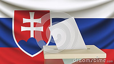 Blank ballot with space for text or logo is dropped into the ballot box against the background of the flag of Slovakia. Stock Photo