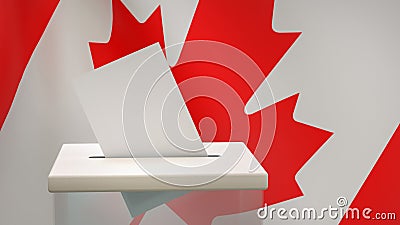 Blank ballot with space for text or logo is dropped into the ballot box against the backdrop of the flag of Canada. Stock Photo