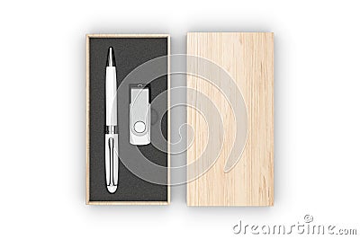 Blank Ballpoint pen with integrated USB stick packaging for promotional branding. 3d render illustration. Stock Photo