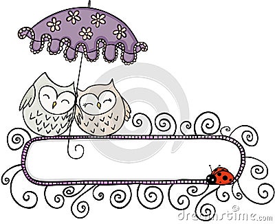 Blank banner with cute couple owls under umbrella Vector Illustration