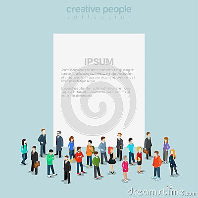 Blank banner template crowd micro people flat 3d web isometric Vector Illustration