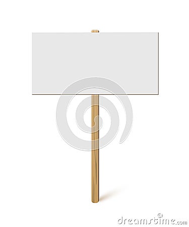 Blank banner on wood stick mock up. Vector empty board plank holder template. Protest sign isolated on white background. Vector Illustration