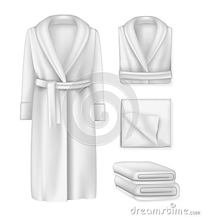 Blank bathrobe male and female, fluffy towel, cloths pemty template mock-up. Vector Illustration