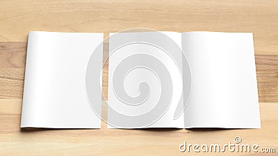 Blank Bi fold A4 size brochure mock up on wooden background. 3D Stock Photo
