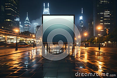 A blank billboard mockup standing on a wet pavement, framed by towering skyscrapers Stock Photo