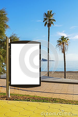 Blank billboard outdoors, outdoor advertising, public information placeholder board near the beach sea Stock Photo