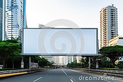 Blank billboard ready for new advertisement in city with skyscrapers, located above the roadway Stock Photo
