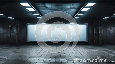 Blank billboard in subway, lightbox poster mockup in dark corridor. Empty screen for advertising in metro hallway. Concept of Stock Photo