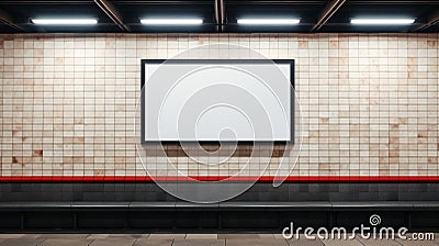 Blank billboard in subway station, poster mockup on tiled wall. Empty space for advertising in urban underground. Concept of metro Stock Photo