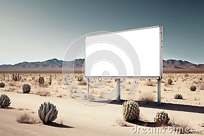 Blank Billboard Transparent Mock Up, Png. Background With Unfocused Desert Landscape. Generative AI Stock Photo