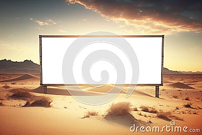 Blank Billboard Transparent Mock Up, Png. Background With Unfocused Desert Landscape With Sand. Generative AI Stock Photo
