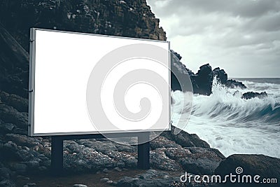 Blank Billboard Transparent Mock Up, Png. Background With Unfocused Ocean Waves Crashing. Generative AI Stock Photo