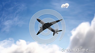 Blank black airplane mockup on sky background, bottom view Stock Photo