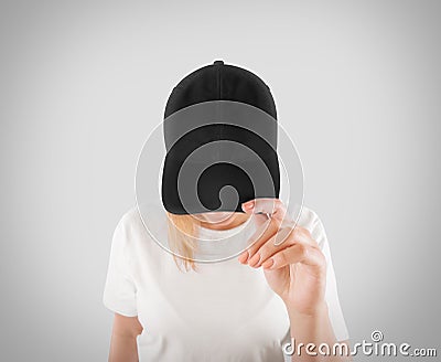 Blank black baseball cap mockup template, wear on women head Stock Photo
