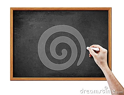 Blank black board and hand with piece of chalk Stock Photo