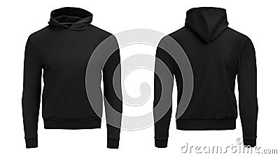 Blank black male hoodie sweatshirt long sleeve with clipping path, mens hoody design mockup, isolated on white background. Stock Photo