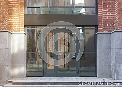 Blank black rectangular box store entrance mockup, glass brick wall Stock Photo