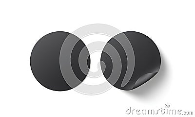 Blank black round adhesive stickers mock up with curved corner, 3d rendering. Empty circle sticky label mockup with curl Stock Photo