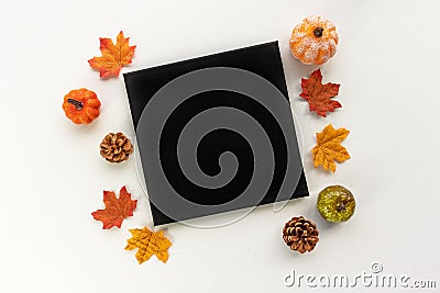 Blank black stretched canvas flat lay mockup - autumn / fall themed art canvas Stock Photo