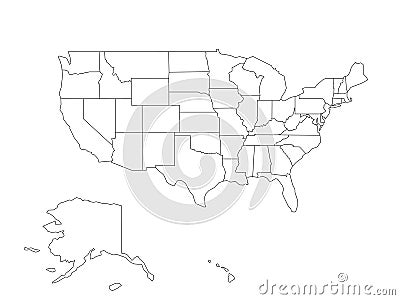 Blank black vector outline map of USA, United States of America Vector Illustration