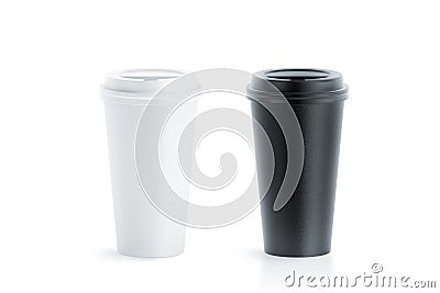 Blank black and white disposable paper cup with plastic lid Stock Photo