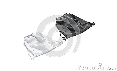 Blank black and white drawstring backpack mockup lying, side view Stock Photo