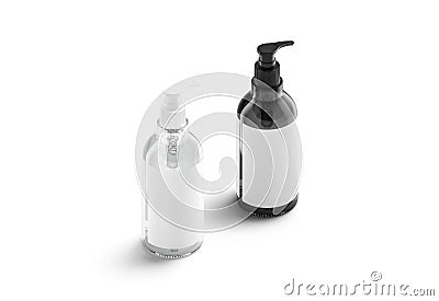 Blank black and white glass pump bottle with label mockup Stock Photo