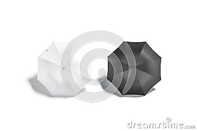 Blank black and white open umbrella mockup lying, backside view Stock Photo