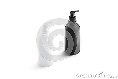 Blank black and white plastic soap bottle mockup stand isolated Stock Photo