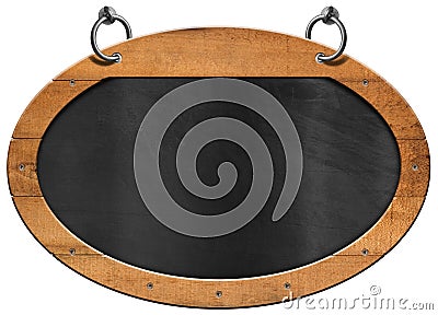 Blank Blackboard with Oval Wooden Frame Isolated on White Stock Photo