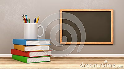 Blank Blackboard with Stationery Supplies Stock Photo